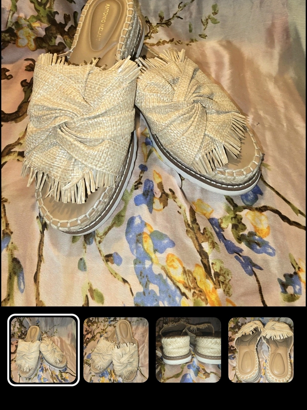 Beige Fringe Knotted Espadrille Slide Sandals